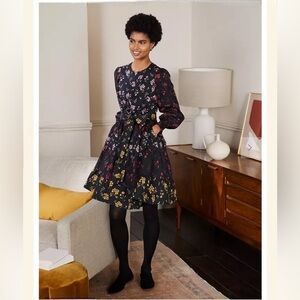 Boden Lyla Tiered Floral Mini Dress, Black/Pink Sprig Size 2 Long Sleeves